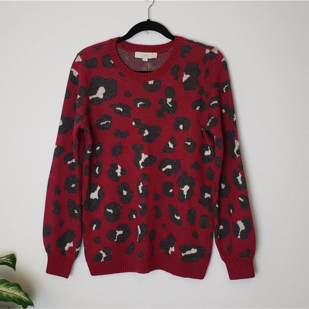 LOFT Red Animal Print Wool Blend Crewneck Sweater Medium